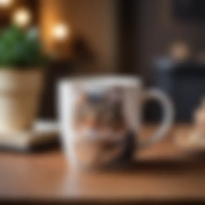 An elegantly styled cat-themed mug with a lid set against a cozy coffee nook background