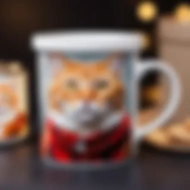 A beautifully wrapped cat-themed mug with a lid, perfect for gifting on a stylish gift table