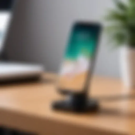 A modern mini phone holder on a sleek desk