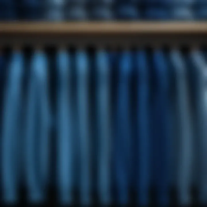 Retail display of various blue sweaters