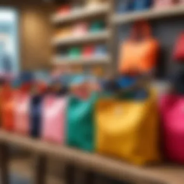 Several crossbody cloth bags in a vibrant retail environment