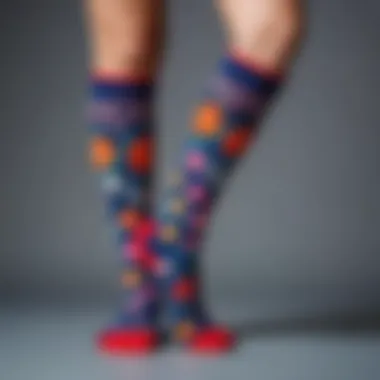 Colorful long socks with floral patterns displayed stylishly