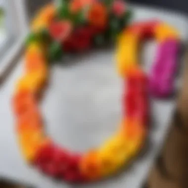 Artfully arranged flower leis on a decorative table