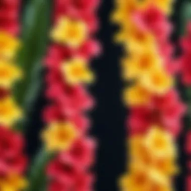 Vibrant tropical flower lei showcasing various colors and textures