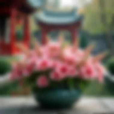 Serene Floral Arrangement in a Chinese Garden Artful floral displays in a tranquil Chinese garden