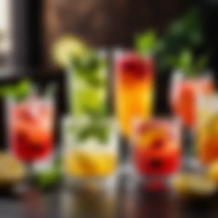 An array of refreshing beverages served in elegant glasses with garnishes.