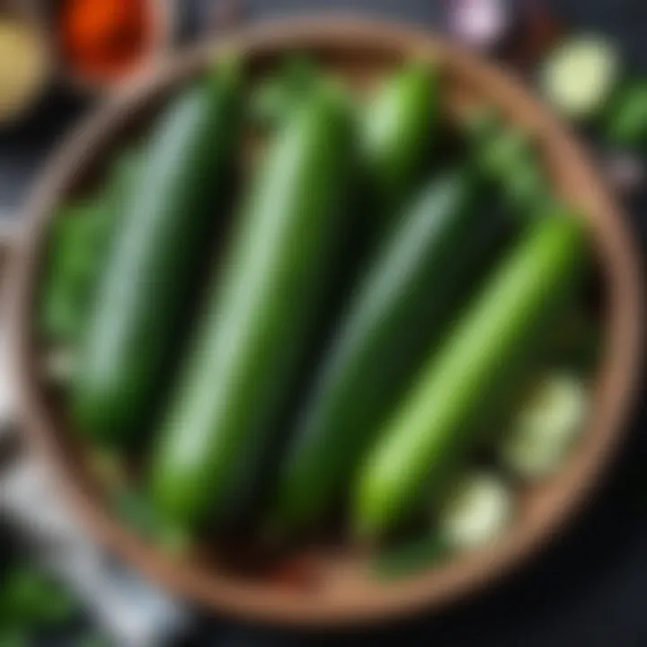 Fresh cucumbers laid out with spices and herbs for marination