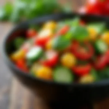 A vibrant bowl of funchoza salad with fresh vegetables and herbs