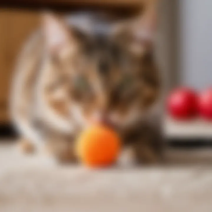 A cat playing with a mouse toy, showing joy and activity