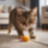 A playful cat engaged with a mouse toy in a cozy living room setting