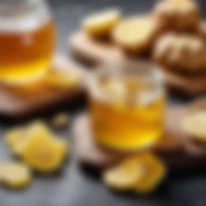 A close-up of ginger slices and a jar of golden honey, highlighting their rich textures