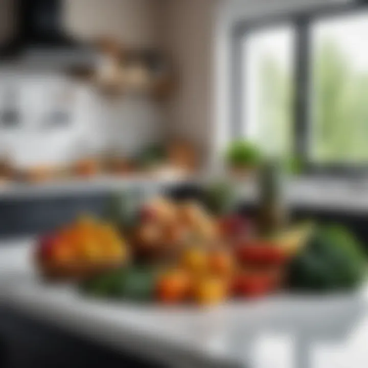 A cozy kitchen setting with fresh groceries arranged on a countertop