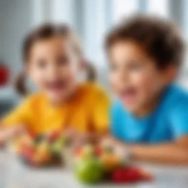 Children joyfully eating fruit salad in a bright setting