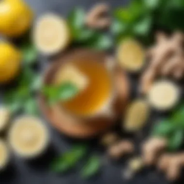 An arrangement of healthy ingredients used in ginger tea, including lemon, mint, and honey