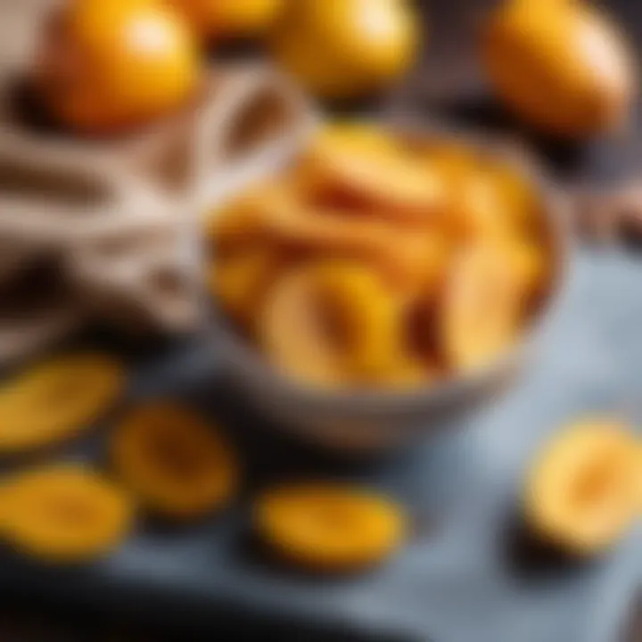 A healthy snack bowl filled with dried mango slices