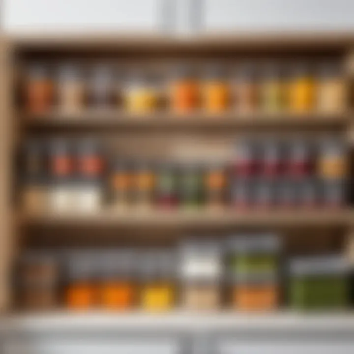 A neatly organized kitchen with soup containers on the shelf