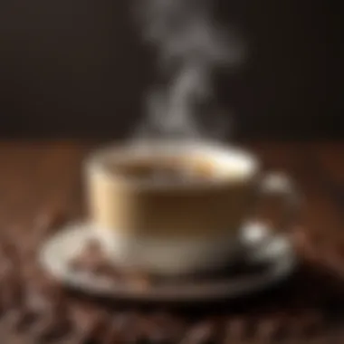 A steaming cup of Jacobs Monarch coffee surrounded by coffee beans