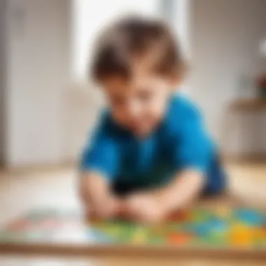 Child playing with oversized puzzle pieces, focused and joyful