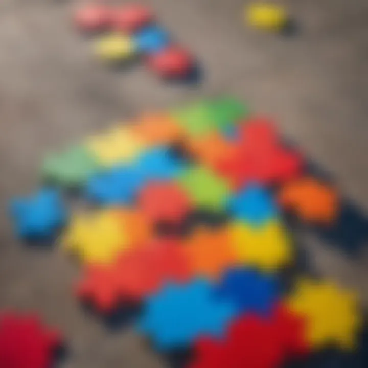 Colorful large floor puzzle pieces arranged on the ground