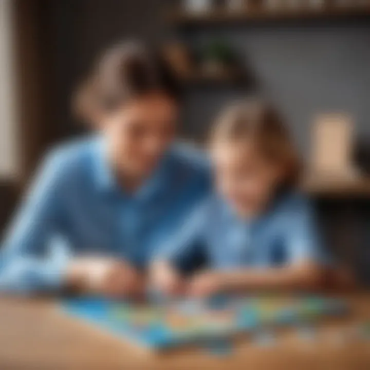 Parent guiding a child through puzzle-solving, encouraging development