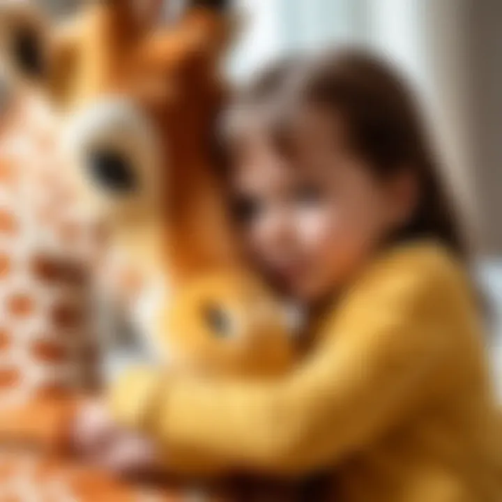 Child hugging a large soft toy giraffe