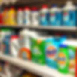 A variety of laundry detergents displayed on a shelf