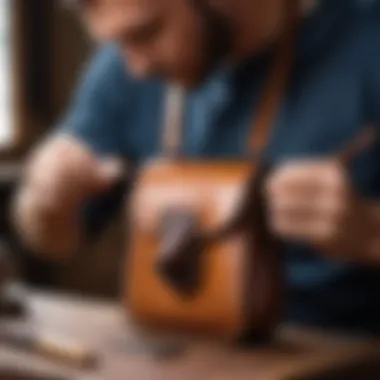 Craftsman working on a leather bear bag highlighting craftsmanship