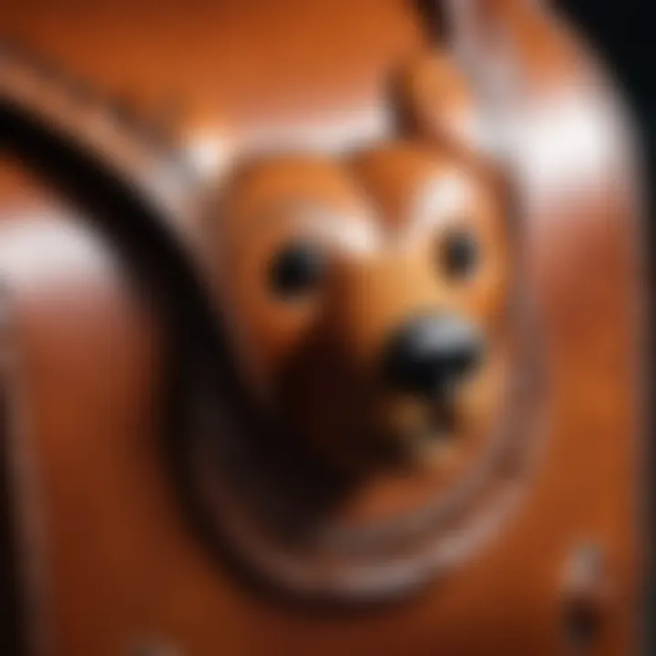 Close-up of a leather bear bag showcasing intricate stitching