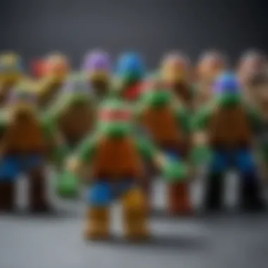 A collection of Lego Teenage Mutant Ninja Turtles figures arranged in a dynamic pose