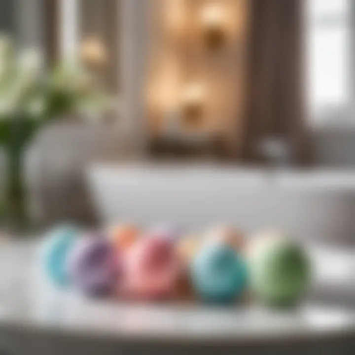 A luxurious bathroom setting with bath bombs displayed elegantly