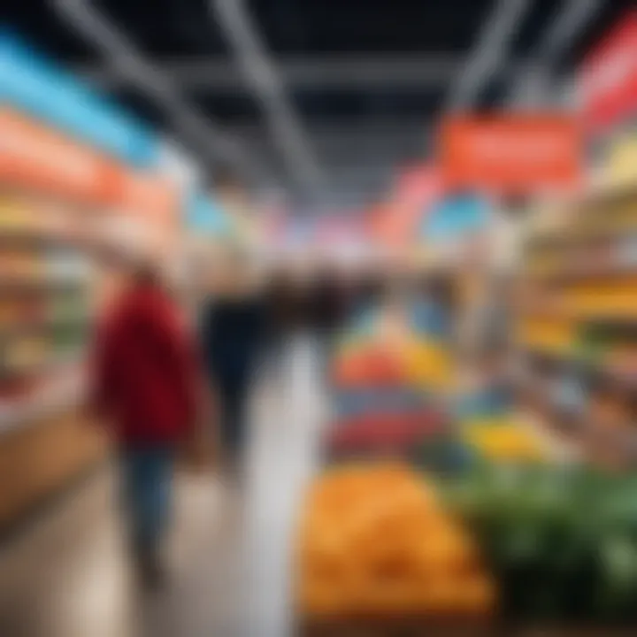 A vibrant market scene filled with shoppers engaging with promotional displays