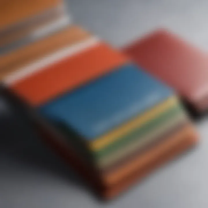 Close-up of various materials used in card holders