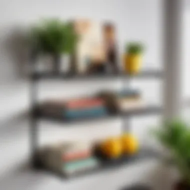 Functional metal shelf displaying cookbooks and plants