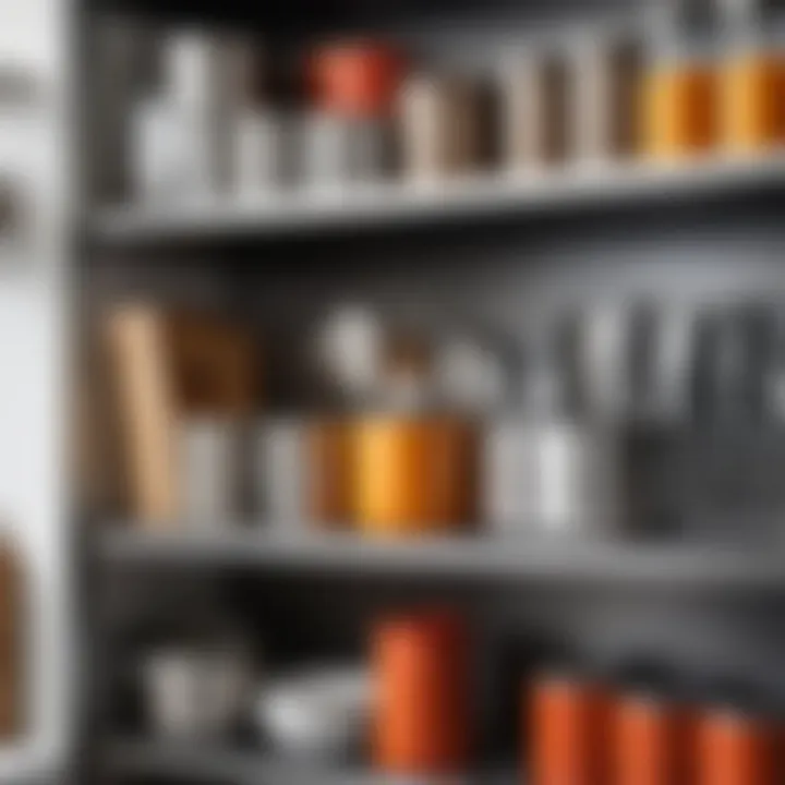 Close-up of metal shelf with organized kitchen utensils