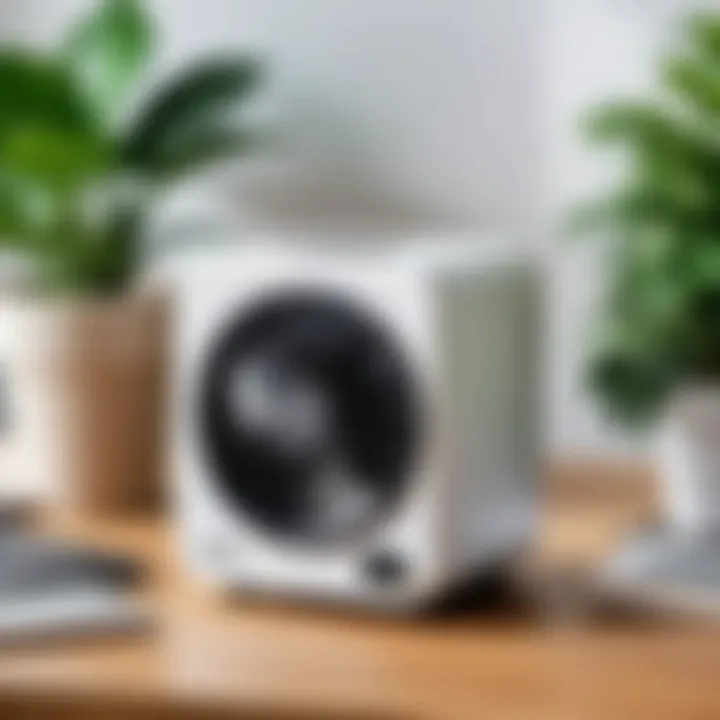 Stylish mini cooler fan on a desk with plants