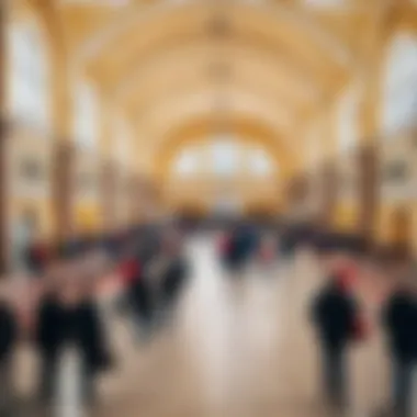 Interior shot of the bustling hall at Minsk railway station with travelers