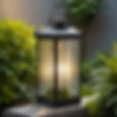 Close-up of solar-powered garden lantern with modern features