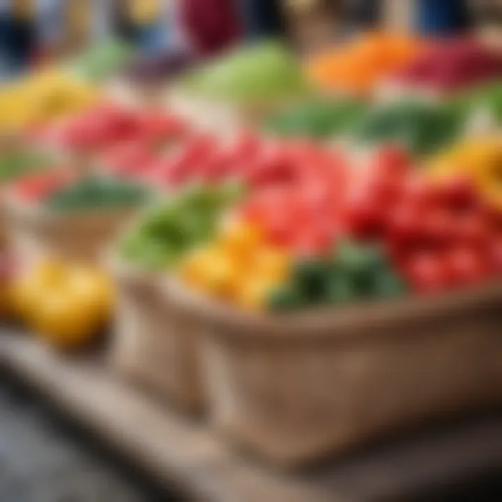 A vibrant market scene showcasing the traditional avoska bags filled with fresh produce.