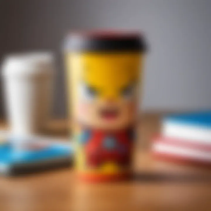 Colorful travel mug featuring cartoon characters, perfect for school