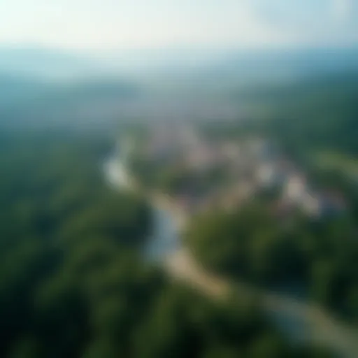 Aerial view of the city of Myski showcasing its geographical landscape