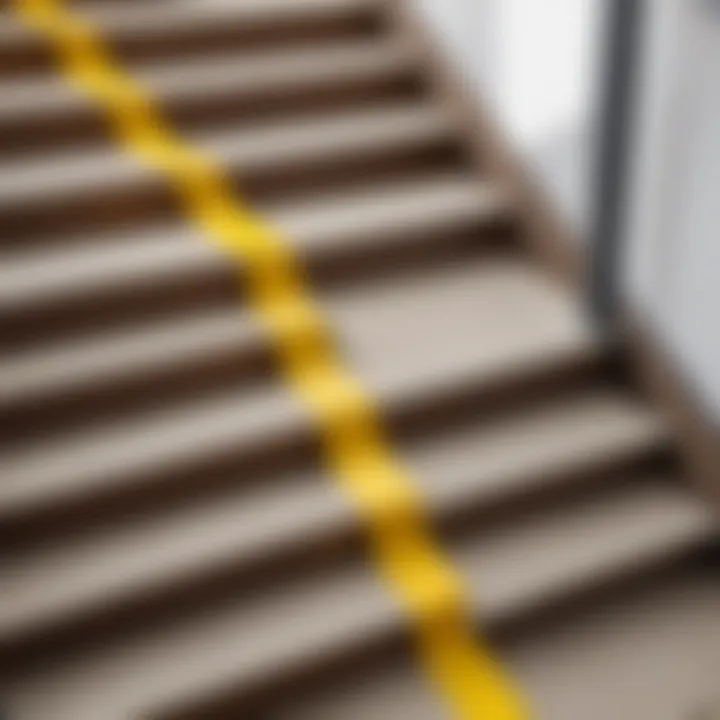 Close-up view of non-slip adhesive tape on stairs