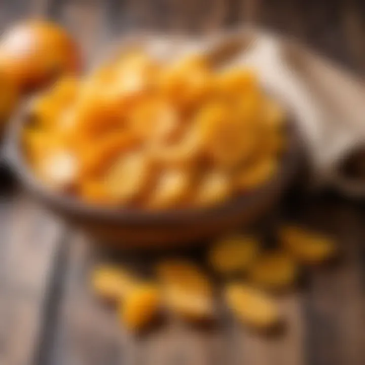 Nutritional breakdown of dried mango on a wooden table