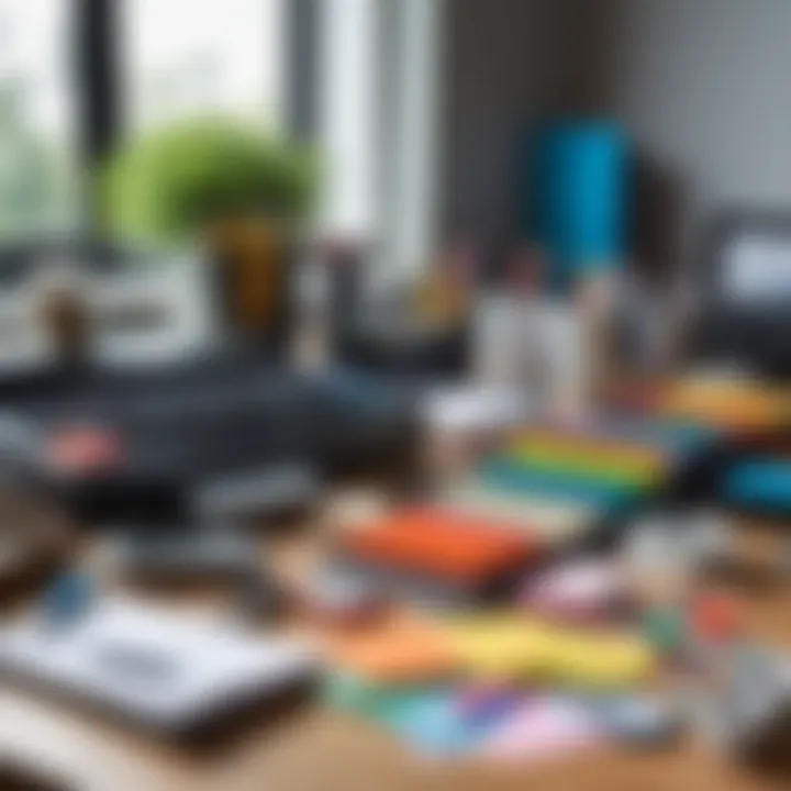 A selection of office supplies arranged neatly on a desk