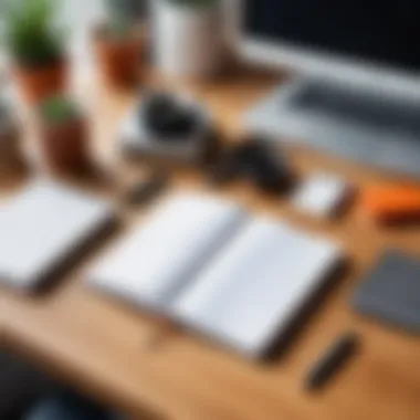 A well-organized workspace featuring a grid notebook and stationery