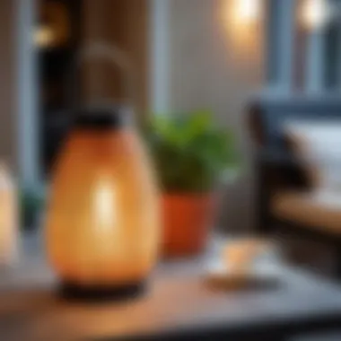 A portable lamp illuminating an outdoor patio during evening.