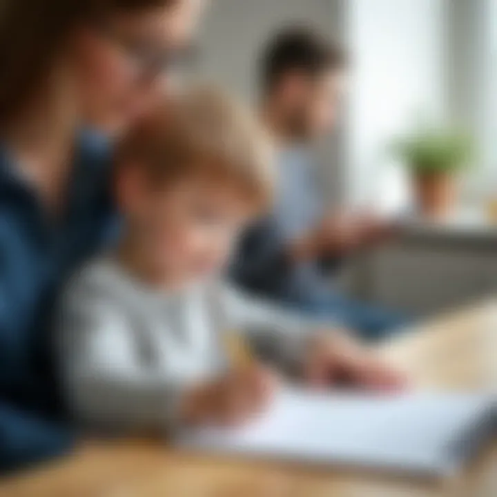 A parent guiding a child in using a magnetic planner, emphasizing educational interaction