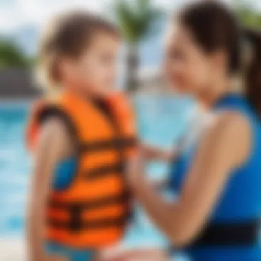 Parent helping a child wear a swimming vest