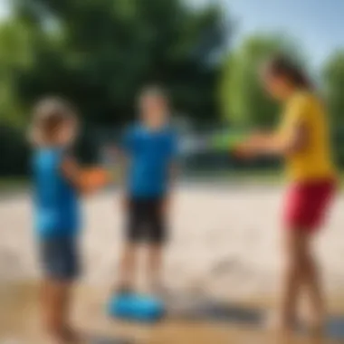 A parent supervising kids during a water gun game