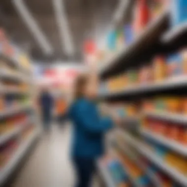 Parents selecting glowing toys in a vibrant store environment