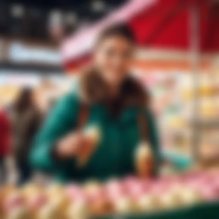 A vibrant market scene with consumers selecting Eskimo ice cream among other treats